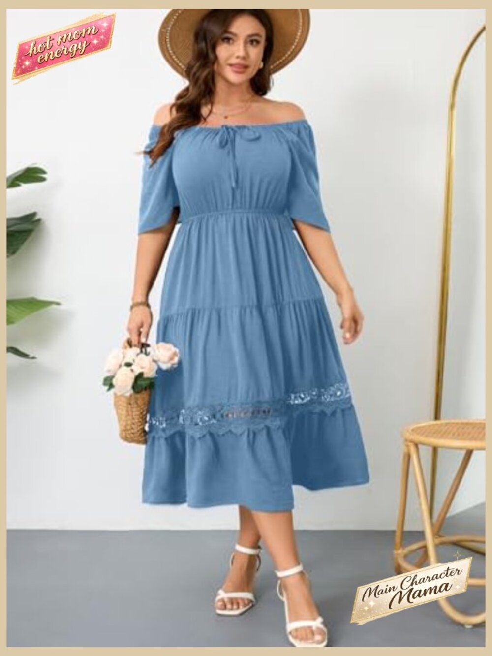 Plus Size Maxi Dress Short Sleeve Square Neck Flowy A-Line Lace Trim Flutter - Picture 5 of 7